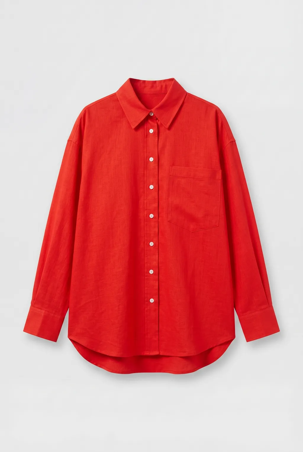 Oversized red linen shirt with a chest pocket, on a white background