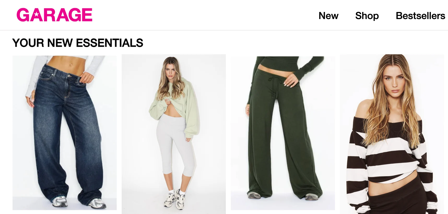Garage Clothing storefront mock-up: the Your New Essentials carousel with a Taliya on-model photo in the last slot