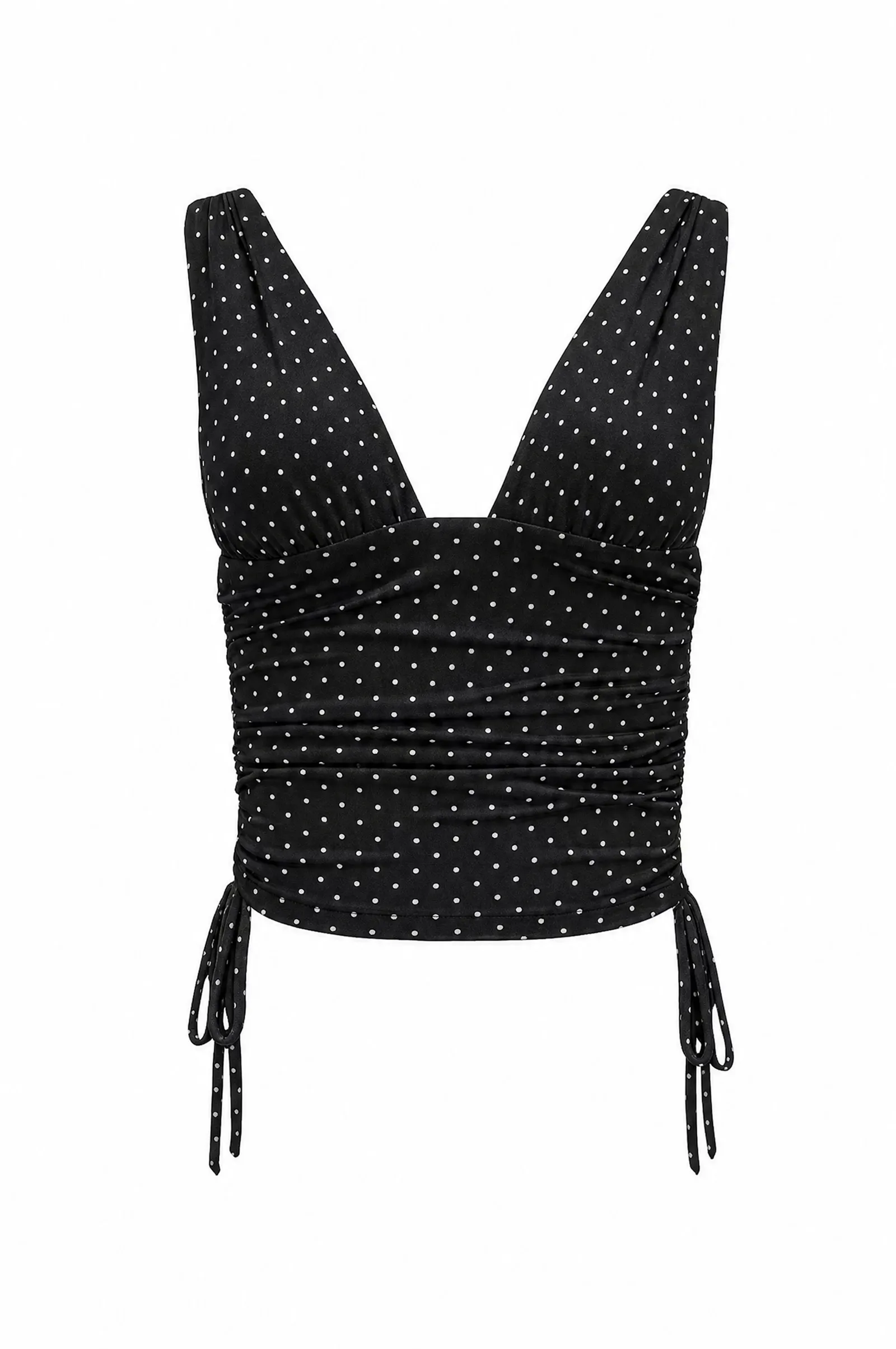 Black polka-dot top with ruched side ties, shown on its own